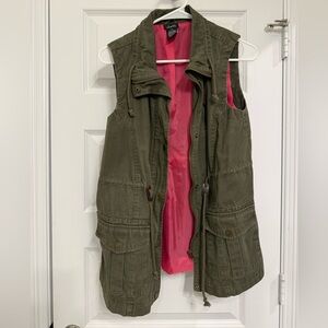 Olive Green Utility Vest with Pink Lining